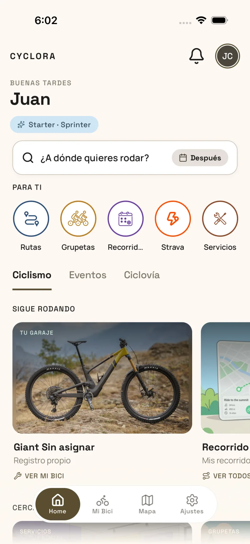Detalle de bicicleta en la app móvil