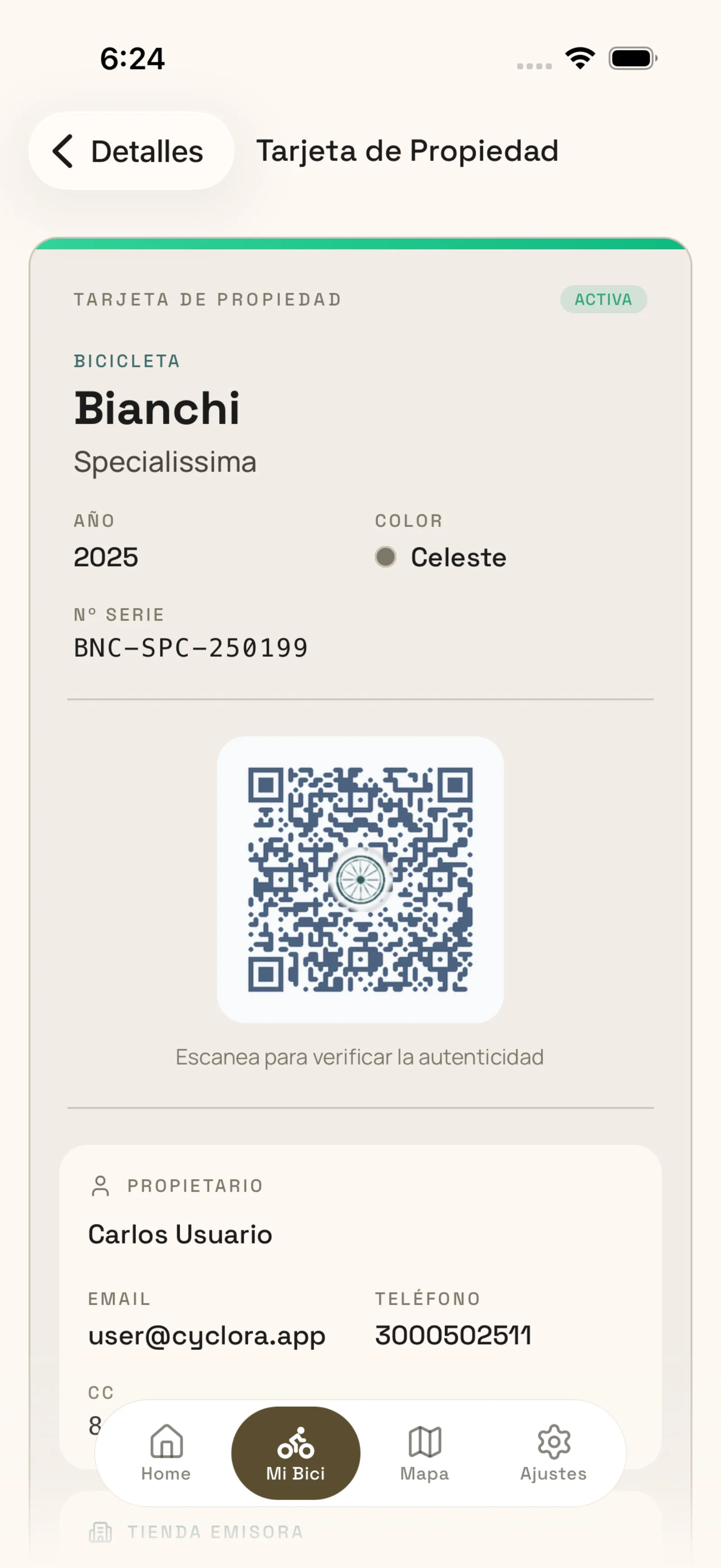 Pantalla de garaje en la app móvil
