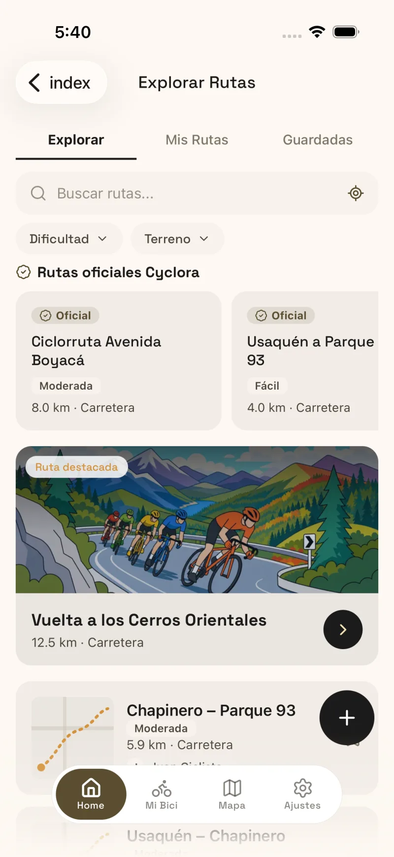 Pantalla de garaje en la app móvil